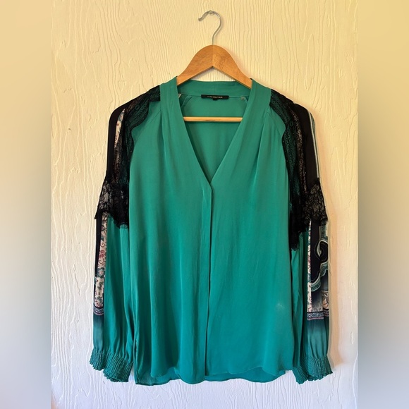 Vintage Kobi Halperin Black Lace Accents Teal Silk Button V Neck Shirt Blouse - Picture 14 of 15